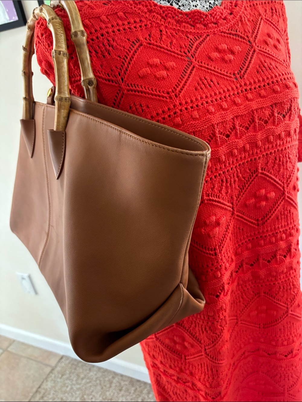 J. McLaughlin Bamboo-Handle Shoulder Chestnut Brown Tote Bag-Gorgeous! - Picture 2 of 13